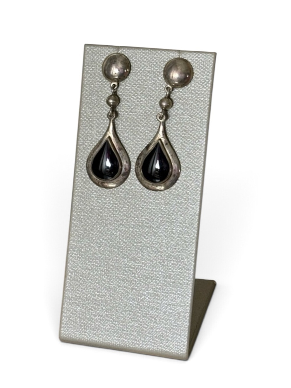 Black Onyx Sterling Silver Dangle Earrings Signed Stamped by Maker